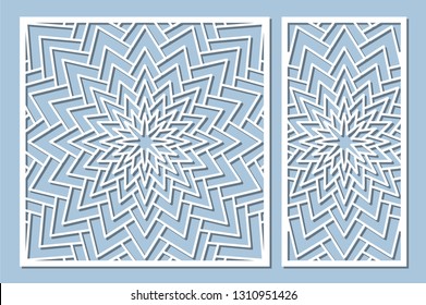 Set decorative card for cutting. Geometry, line, flower pattern. Laser cut panel. Ratio 1:1, 1:2. Vector illustration.