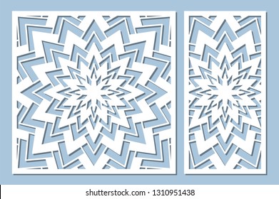 Set decorative card for cutting. Geometry, line, flower pattern. Laser cut panel. Ratio 1:1, 1:2. Vector illustration.