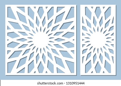 Set decorative card for cutting. Geometry, line, flower pattern. Laser cut panel. Ratio 1:1, 1:2. Vector illustration.