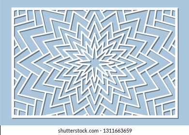 Set decorative card for cutting. Geometry, line, flower pattern. Laser cut panel. Ratio 2:3. Vector illustration.