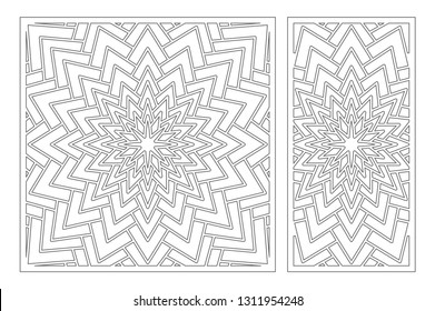 Set decorative card for cutting. Geometry, line, flower pattern. Laser cut panel. Ratio 1:1, 1:2. Vector illustration.