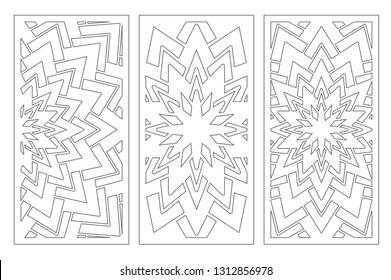 Set decorative card for cutting. Geometry, line, flower pattern. Laser cut panel. Ratio 1:2. Vector illustration.