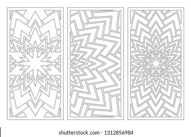 Set decorative card for cutting. Geometry, line, flower pattern. Laser cut panel. Ratio 1:2. Vector illustration.