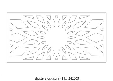 Set decorative card for cutting. Geometry, line, flower pattern. Laser cut panel. Ratio 1:2. Vector illustration.