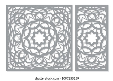 Set decorative card for cutting laser or plotter. Arabic mandala pattern. Laser cut. Ratio 1:1, 1:2. Vector illustration.