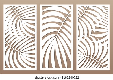 Set decorative card for cutting. Leaves foliage palms fern
 pattern. Laser cut. Ratio 1:2. Vector illustration.