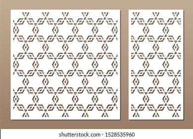 Set decorative card for cutting. Line, star, arabesque pattern. Laser cut. Ratio 1:1, 1:2. Vector illustration.