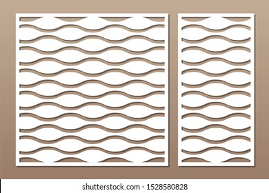 Set decorative card for cutting. Line wave pattern. Laser cut. Ratio 1:1, 1:2. Vector illustration.