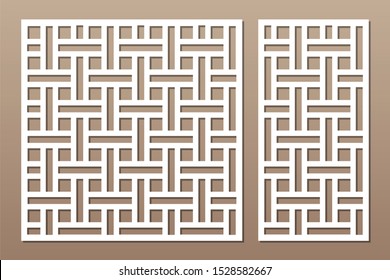 Set decorative card for cutting. Line, weaving, Celtic pattern. Laser cut. Ratio 1:1, 1:2. Vector illustration.