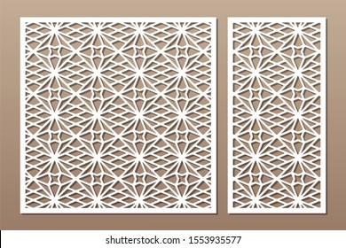 Set decorative card for cutting. Line, Arab, weaving, pattern. Laser cut. Ratio 1:1, 1:2. Vector illustration.