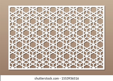 Set decorative card for cutting. Line, Arab, weaving, pattern. Laser cut. Ratio 2:3. Vector illustration.