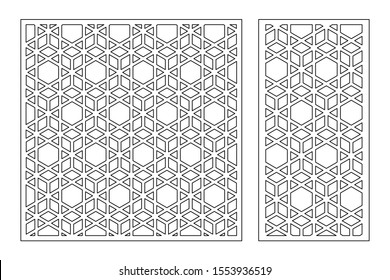 Set decorative card for cutting. Line, Arab, weaving, pattern. Laser cut. Ratio 1:1, 1:2. Vector illustration.