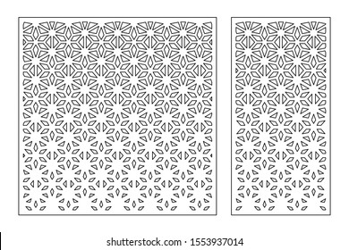 Set decorative card for cutting. Line, arabesque, weaving, Celtic pattern. Laser cut. Ratio 1:1, 1:2. Vector illustration.