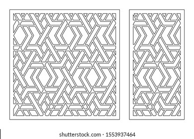 Set decorative card for cutting. Line, arabesque, weaving, Celtic pattern. Laser cut. Ratio 1:1, 1:2. Vector illustration.