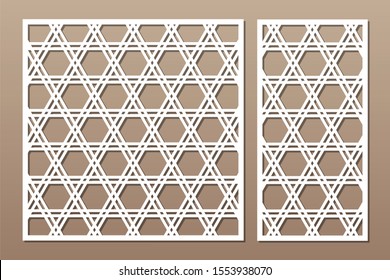 Set decorative card for cutting. Line, arabesque, weaving, Celtic pattern. Laser cut. Ratio 1:1, 1:2. Vector illustration.