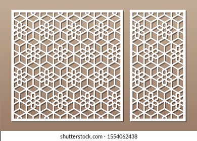 Set decorative card for cutting. Line, Arab, weaving, pattern. Laser cut. Ratio 1:1, 1:2. Vector illustration.