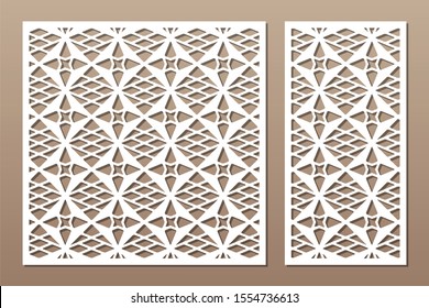 Set decorative card for cutting. Line, Arab, weaving, pattern. Laser cut. Ratio 1:1, 1:2. Vector illustration.