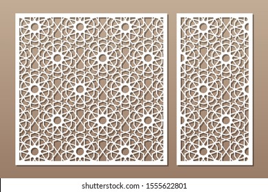 Set decorative card for cutting. Line, arabesque, Arab pattern. Laser cut. Ratio 1:1, 1:2. Vector illustration.