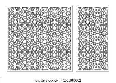 Set decorative card for cutting. Line, arabesque, Arab pattern. Laser cut. Ratio 1:1, 1:2. Vector illustration.