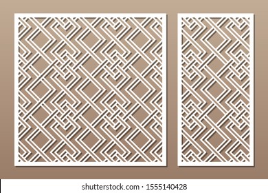 Set decorative card for cutting. Linear square geometric celtic weave pattern. Laser cut. Ratio 1:1, 1:2. Vector illustration.