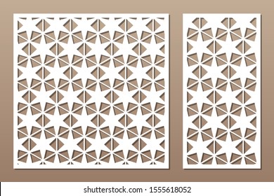 Set decorative card for cutting. Linear geometric Star pattern. Laser cut. Ratio 1:1, 1:2. Vector illustration.