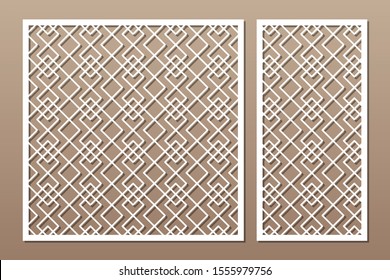 Set decorative card for cutting. Linear square geometric celtic weave pattern. Laser cut. Ratio 1:1, 1:2. Vector illustration.