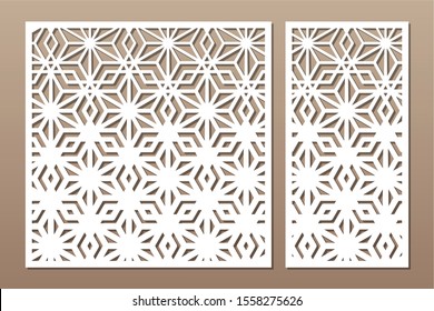 Set decorative card for cutting. Linear geometric mosaic pattern. Laser cut. Ratio 1:1, 1:2. Vector illustration.