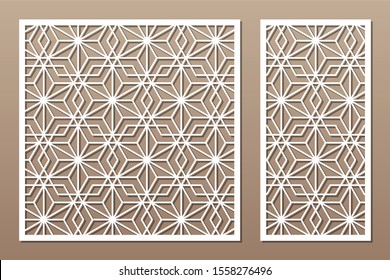 Set decorative card for cutting. Linear geometric mosaic pattern. Laser cut. Ratio 1:1, 1:2. Vector illustration.