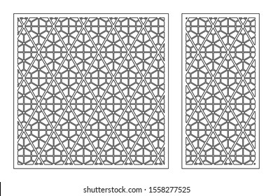 Set decorative card for cutting. Linear geometric mosaic pattern. Laser cut. Ratio 1:1, 1:2. Vector illustration.
