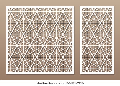 Set decorative card for cutting. Linear geometric mosaic pattern. Laser cut. Ratio 1:1, 1:2. Vector illustration.