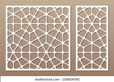 Set decorative card for cutting. Linear geometric mosaic pattern. Laser cut. Ratio 1:1, 1:2. Vector illustration.