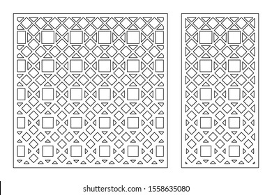 Set decorative card for cutting. Linear geometric mosaic pattern. Laser cut. Ratio 1:1, 1:2. Vector illustration.