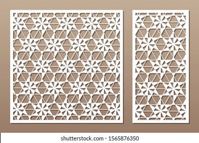 Set decorative card for cutting. Linear square geometric mosaic pattern. Laser cut. Ratio 1:1, 1:2. Vector illustration.