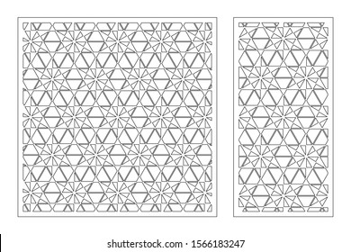 Set decorative card for cutting. Linear square geometric mosaic pattern. Laser cut. Ratio 1:1, 1:2. Vector illustration.