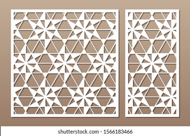 Set decorative card for cutting. Linear square geometric mosaic pattern. Laser cut. Ratio 1:1, 1:2. Vector illustration.