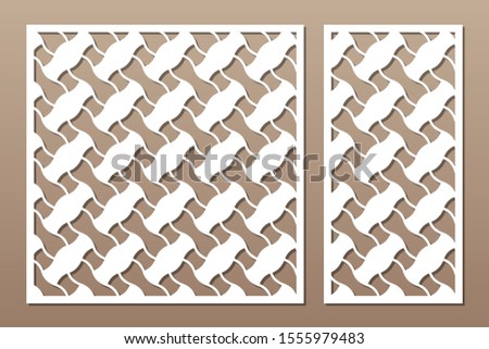 Set decorative card for cutting. Linear geometric celtic weaving pattern. Laser cut. Ratio 1:1, 1:2. Vector illustration.