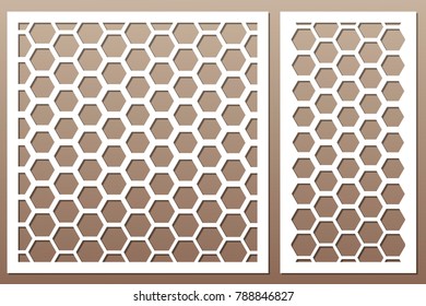 Set decorative card for cutting. Pentagon grid pattern. Laser cut. Ratio 1:1, 1:2. Vector illustration.