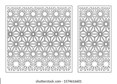 Set decorative card for cutting. Recurring geometric mosaic pattern. Laser cut. Ratio 1:1, 1:2. Vector illustration.