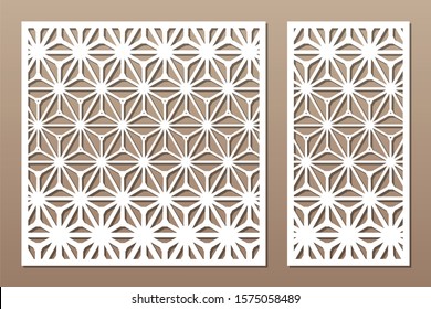 Set decorative card for cutting. Recurring geometric mosaic pattern. Laser cut. Ratio 1:1, 1:2. Vector illustration.