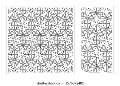 Set decorative card for cutting. Recurring linear geometric mosaic pattern. Laser cut. Ratio 1:1, 1:2. Vector illustration.