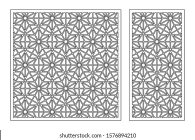 Set decorative card for cutting. Recurring linear geometric mosaic pattern. Laser cut. Ratio 1:1, 1:2. Vector illustration.