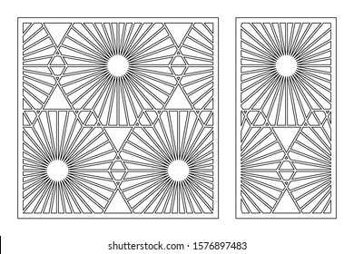 Set decorative card for cutting. Recurring linear geometric mosaic pattern. Laser cut. Ratio 1:1, 1:2. Vector illustration.