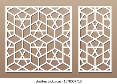 Set decorative card for cutting. Recurring Artistic Arab Mosaic pattern. Laser cut. Ratio 1:1, 1:2. Vector illustration.