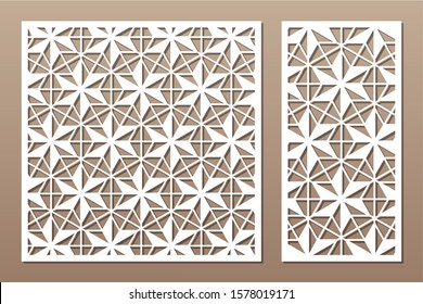 Set decorative card for cutting. Recurring linear geometric mosaic pattern. Laser cut. Ratio 1:1, 1:2. Vector illustration.