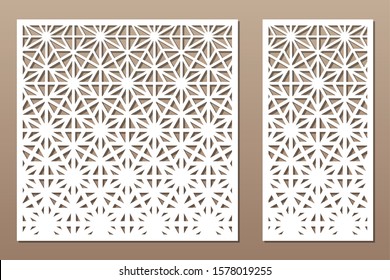 Set decorative card for cutting. Recurring linear geometric mosaic pattern. Laser cut. Ratio 1:1, 1:2. Vector illustration.
