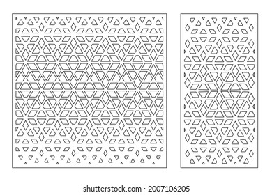 Set dekorative Karte zum Schneiden. Wiederkehrendes arabisches Mosaik-Muster. Laserschnitt. Verhältnis 1:1, 1:2. Vektorgrafik.