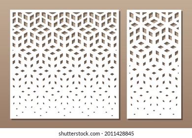 Set dekorative Karte zum Schneiden. Wiederkehrendes arabisches Mosaik-Muster. Laserschnitt. Verhältnis 1:1, 1:2. Vektorgrafik.