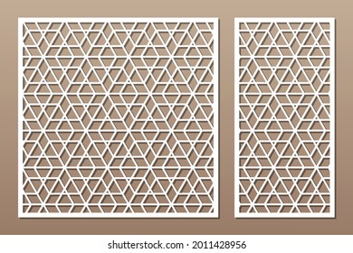 Establece la tarjeta decorativa para cortar. Patrón de mosaico árabe artístico recurrente. Corte láser. Relación 1:1, 1:2. Ilustración vectorial.