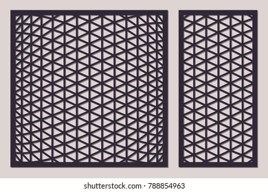 Set decorative card for cutting. Triangle mesh 3D pattern. Laser cut. Ratio 1:1, 1:2. Vector illustration.