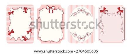 Set of decorative card templates with hand drawn ribbon bows and ornate frames for invitations, greeting cards, stationery, scrapbooking, and digital designs. Vector illustration